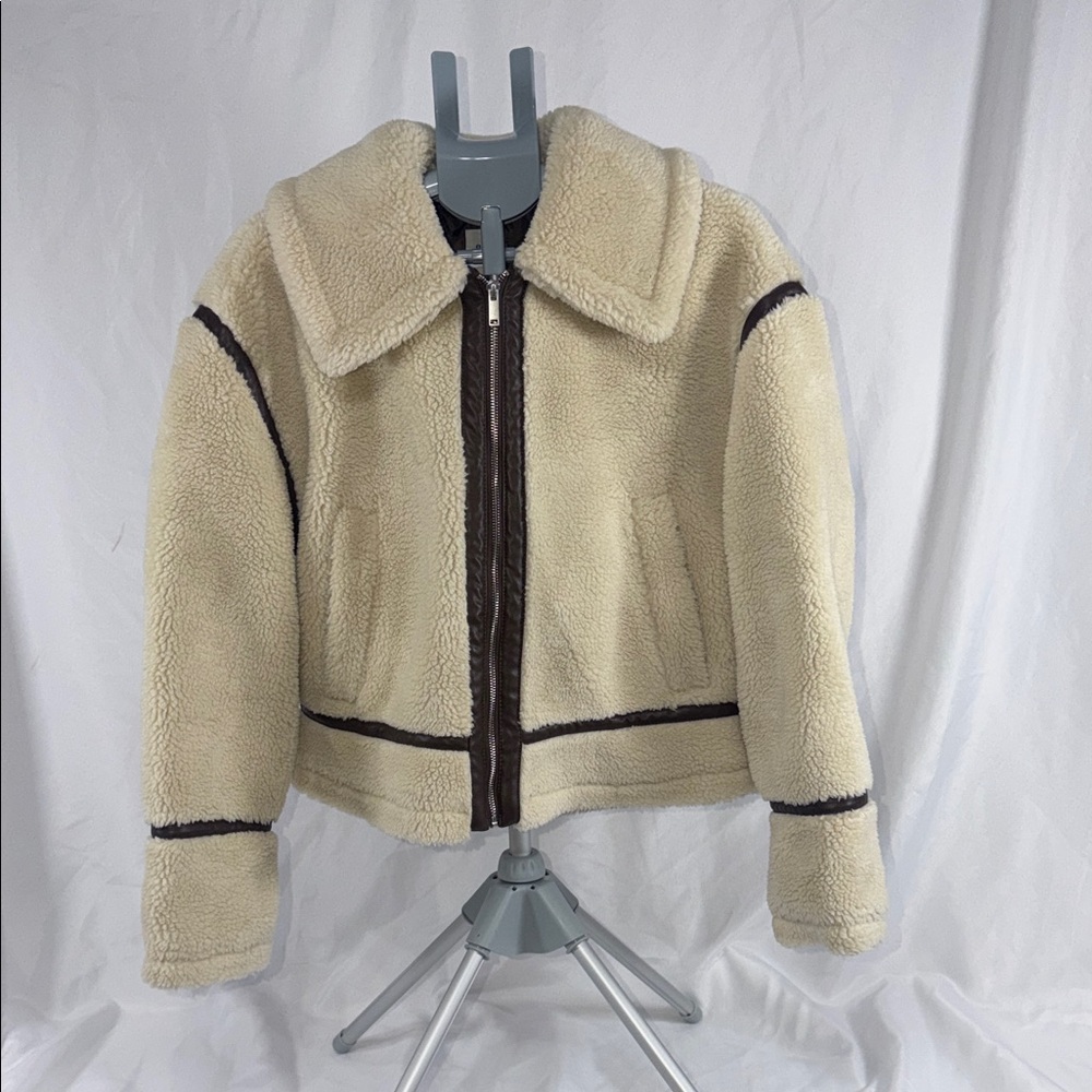 GAP Cream Sherpa Bomber Jacket with Brown Leather Trim